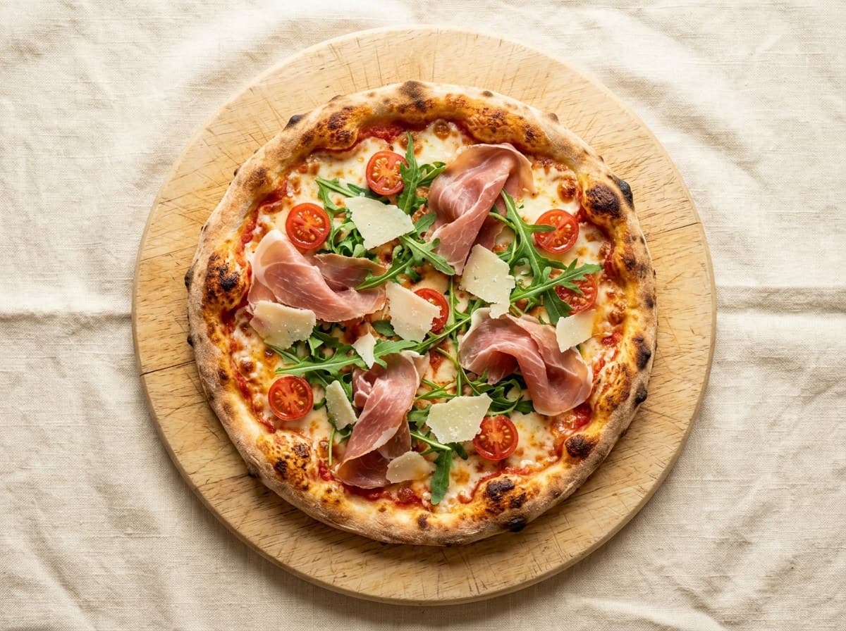 Pizza mit Cocktailtomaten, Parmaschinken, Rucola und Parmesan auf einem Holzbrett